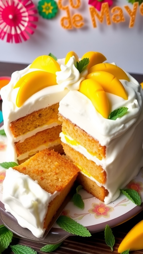 Mango Tres Leches Cake Recipe Mango Tres Leches Cake with mango slices and whipped cream, decorated with mint leaves, perfect for Cinco de Mayo.